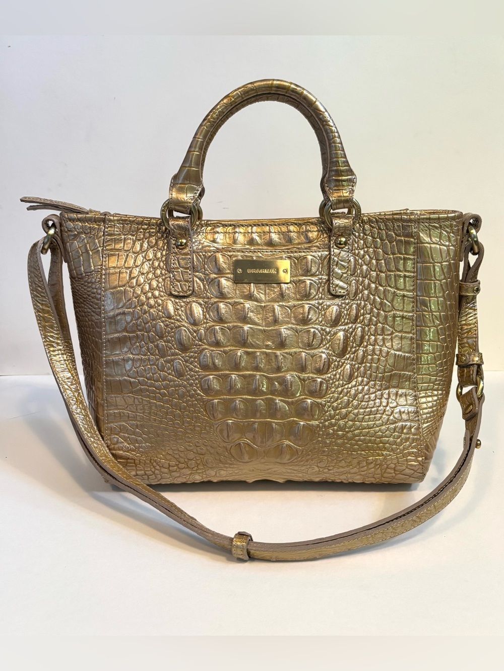 Rare New Brahmin Croc Mini Arno Fizz Glossy Gold Tan NWT